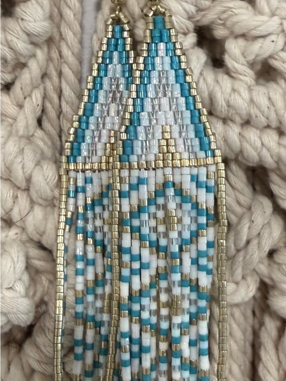 Turquoise, White & Gold Beaded Fringe Earrings